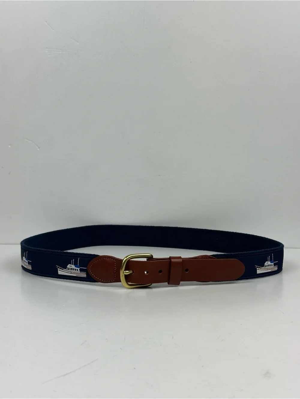 Navy Embroidered Boat Belt with Brown Leather Trim